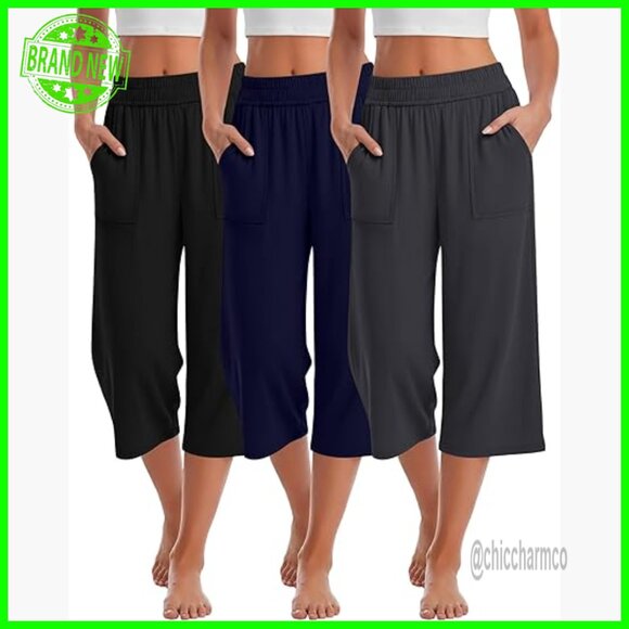 3 Pack Cotton Capri Sweatpants Wide Leg Cropped Lounge Jogger Yoga Pants